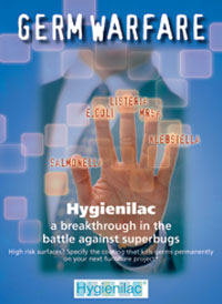 Man's fingers pressed against glass with bacteria names on his fingers. This represents Germ Warfare using Hygienilac.