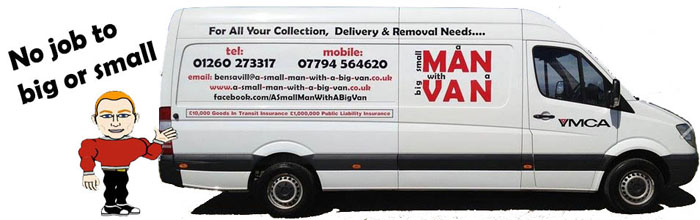 Image of side of  the sign written van, nose to the right, with a cartoon man standing at the rear (so on the left). Above his head in angled text No Job Too Big Or Small