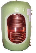 Hot water cylinder with cut-away showing heat exchange coils.