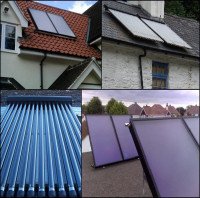 Collage showing solar panels fitted on sloping roofs, and free standing panels on a flat roof.