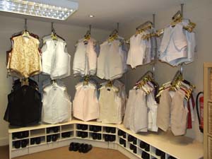 Showroom at Best Man Limited in Stockport, full range of waistcoats on display to suit any taste or style.