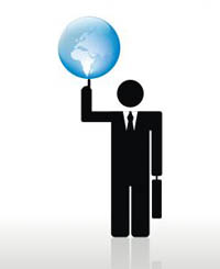 Abstract image of man holding a Globe with his little finger, representing a key person in your business, so key man insurance.