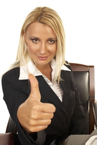 Image od attractive youg lady with long blond hair with thumb up, representing all covered means peace of mind.