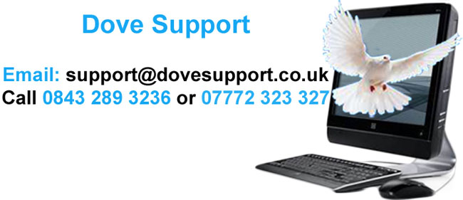 Dove IT Support banner with Desktop PC and flying Dove.