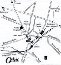 Orbit House Furnishers location map Ballymoney ,County Antrim.