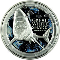 New Zealand Mint MS70 grade silver coin depicting the Great White Shark.