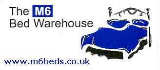 M6 Bed Warehouse logo - Divan Beds Wooden Metal Leather Bedsteads Mattreses Headboards FREE Old Bed Disposal FREE Delivery Direct to Public Alsager Cheshire.
