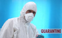 Image shows masked man in protective clothing. Image text say Quarantine.