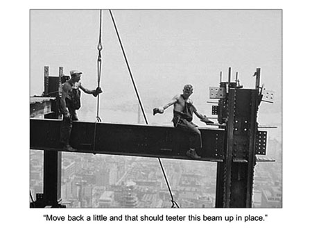 This image shows two construction workers astride a girder, high above the city, with no safety equipment whatsoever. The caption reads 'move back a little, that should teeter the beam up in place'