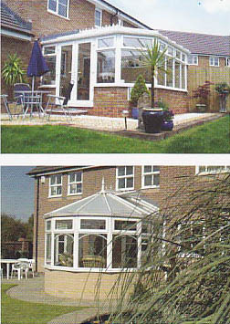 Two images showing different shaped white pvc-u conservatories.