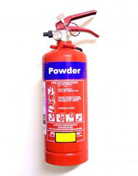 Powder Fire extinguisher. Get the right advice as to what sort of extinguisher is needed where on your premises.