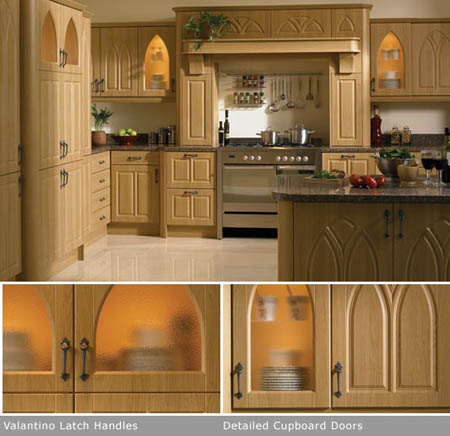 Lissa Oak Gothic kitchen fitted with replacement
doors and Valentino door handles, and refurbished kitchens worktops.