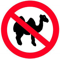 Standard sort of Not Allowed sign, consisting of red circle with bar running 10-to to 20-past. Amusingly, the thing not allowed is a camel!