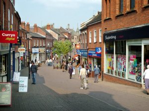 Bridge Street, one of Congleton's main shopping streets showing the pedestrianised area.