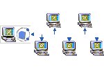 Picture of connected computers, representing Public Share Folder. Enables sharing of Outlook data files throughout your organisation.
