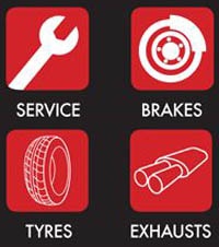 Montage of symbols for brakes, service, tyres and exhaust.