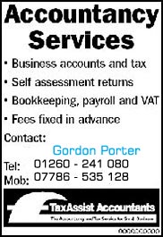 Banner describing accountants services in bullet points - Business accounts and tax, Self assessment returns, Bookkeeping Payroll and vat, Fees fixed in advance.