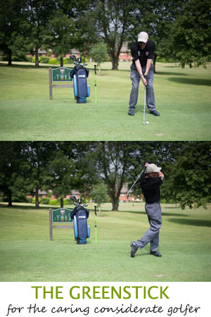Two images of golfer, one about to play his shot, the other showing him in the finished position.