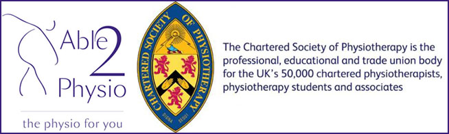 Banner containing Able 2 Physio logo, and the CSP logo - Chartered Society of Physiotherapy.The text reads: The Chartered Society of Physiotherapy is the professional, educational and trade union body for the UK's 50,000 chartered physiotherapists, physiotherapy students and associates.