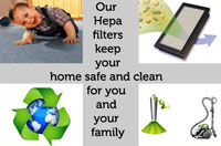 Montage showing baby on carpet, a hepa filter, globe surrounded by green arrows and special vacuum cleaner. This represents our eco friendly cleaning service, or an allergy clean.