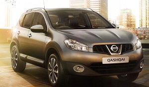 Nissan Qashqai against city backdrop.