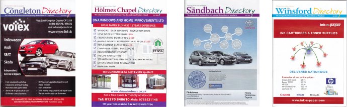 Montage of the front page of 4 magazines. Effective Directories Business Directory Covering Congleton Holmes Chapel Sandbach & Winsford In Cheshire Delivered to 29,000 Homes and businesses.