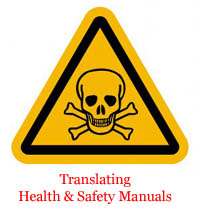 Yellow triangle with skull and crossbones warning sign. This represents translation of Health and Safety manuals.