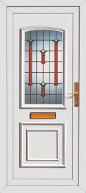 The Classic Norse pvcu door from Carlton, with small coloured glass panels amongst frosted glass panels.