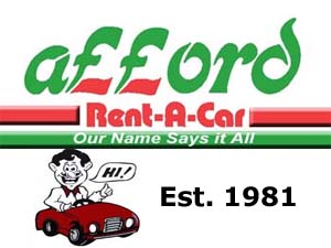 Afford Rent a Car logo, along with cartoon man in a car with a big smile.