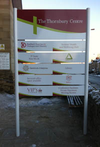 Signs designed by Printpod for the Thornbury (business) Centre listing the various businesses.